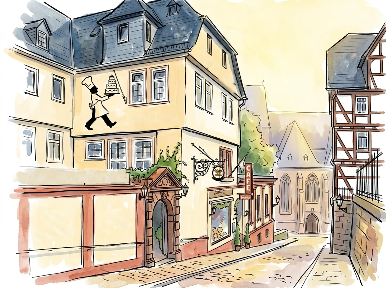 Illustration des Café Vetter: gelbe Altstadtfassade mit Konditorfigur, Schaufenstern und Café-Eingang in Marburg
